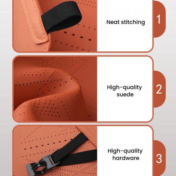 Orange suede cushion close-up with breathable holes, neat stitching, and black strap