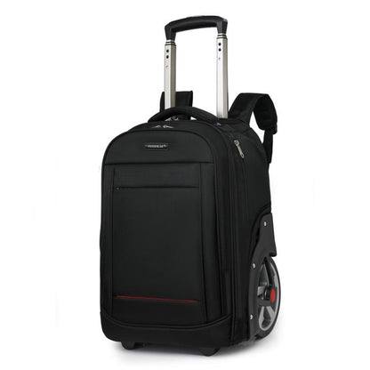 Black wheeled trolley backpack with extended handle and front zip compartment