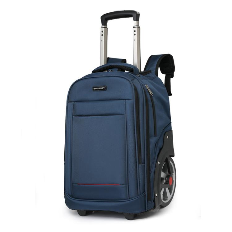 Deep blue wheeled trolley backpack with extended handle and front zip compartment