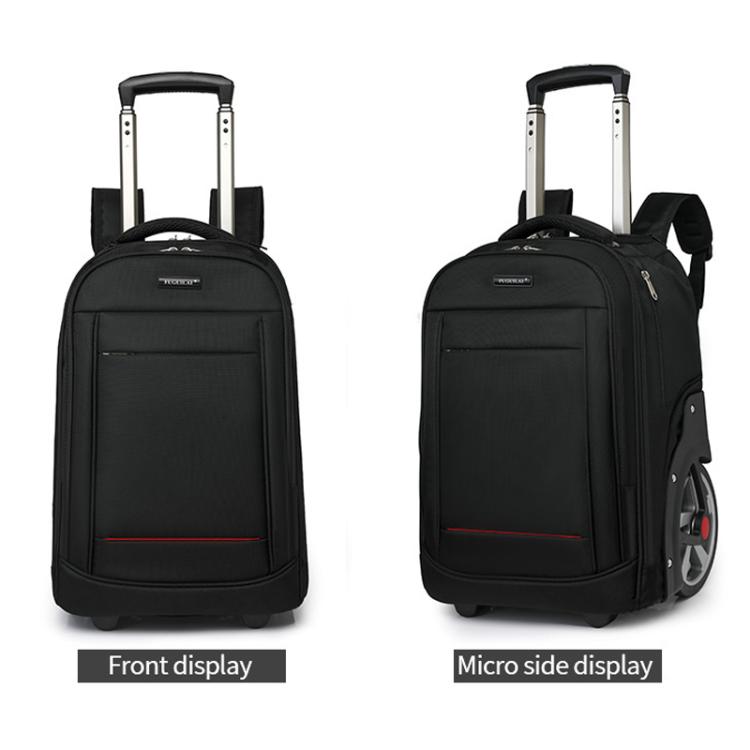 Black wheeled carry-on backpack duffel with extendable handle and front pockets