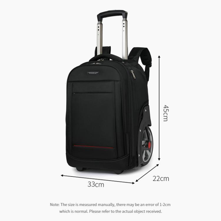 Black wheeled carry-on backpack duffel with trolley handle and side wheels, 45x33x22cm