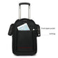 Black wheeled trolley backpack with front zip pocket and mesh side grid bag