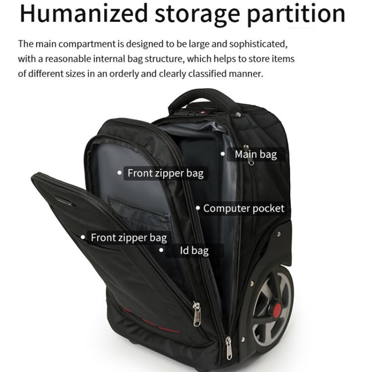 Open black wheeled trolley backpack showing main and front zipper pockets