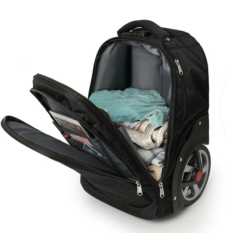 Black wheeled trolley backpack opened to show packed main compartment and side pocket