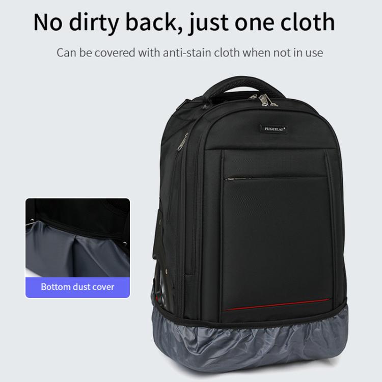 Black wheeled trolley backpack with smooth front panel and bottom dust cover