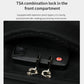 Front compartment TSA combination lock detail on black wheeled trolley backpack