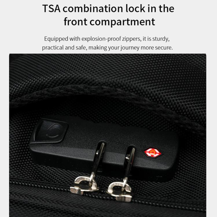 Front compartment TSA combination lock detail on black wheeled trolley backpack