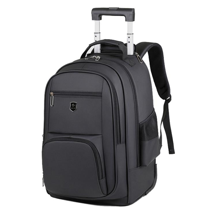 Black wheeled backpack with trolley handle and front zip pockets