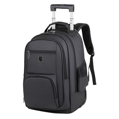 Black wheeled backpack with trolley handle and front zip pockets