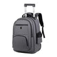 Dark gray wheeled backpack with trolley handle and front zip compartments