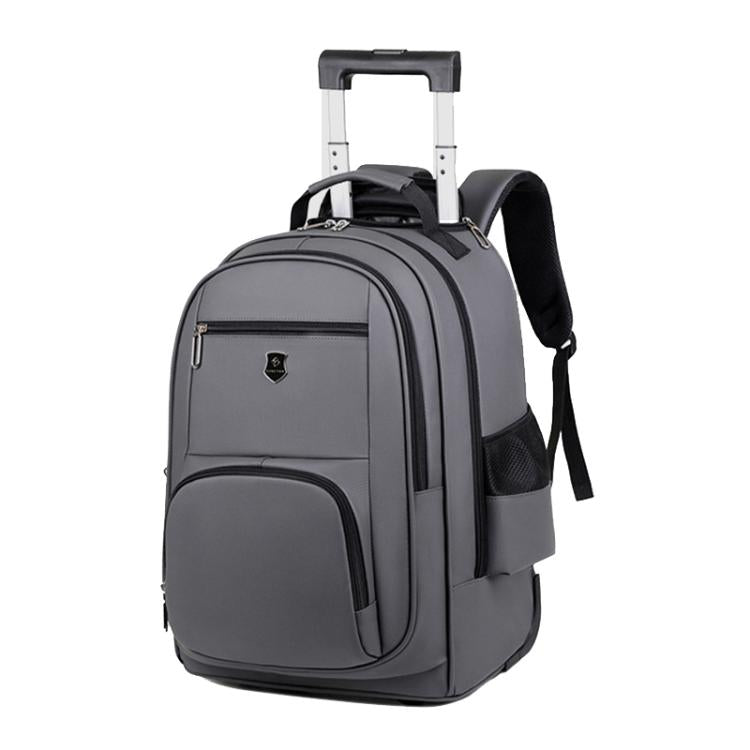 Dark gray wheeled backpack with trolley handle and front zip compartments