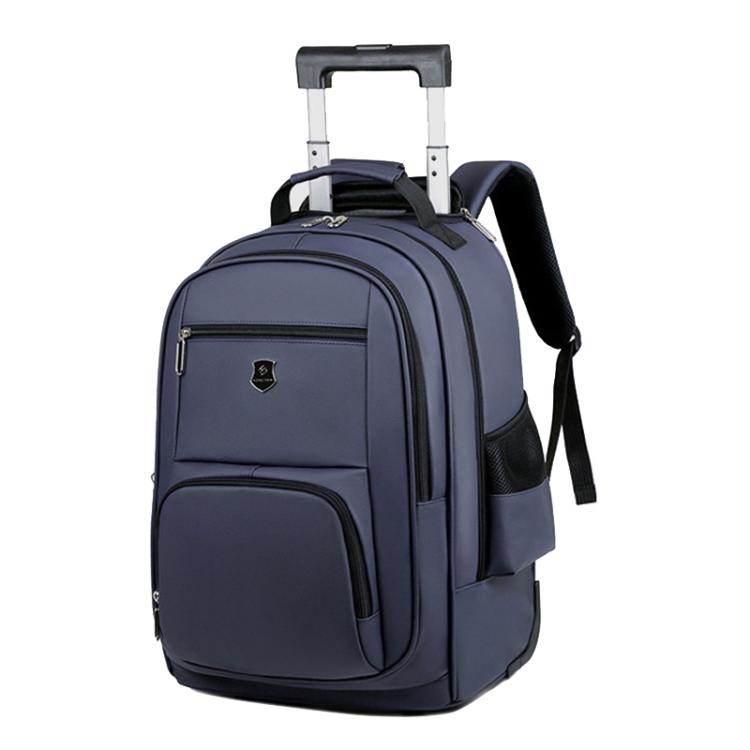Navy blue wheeled backpack with trolley handle and front zip pockets