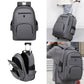 Gray wheeled backpack with trolley handle, front view and side view details