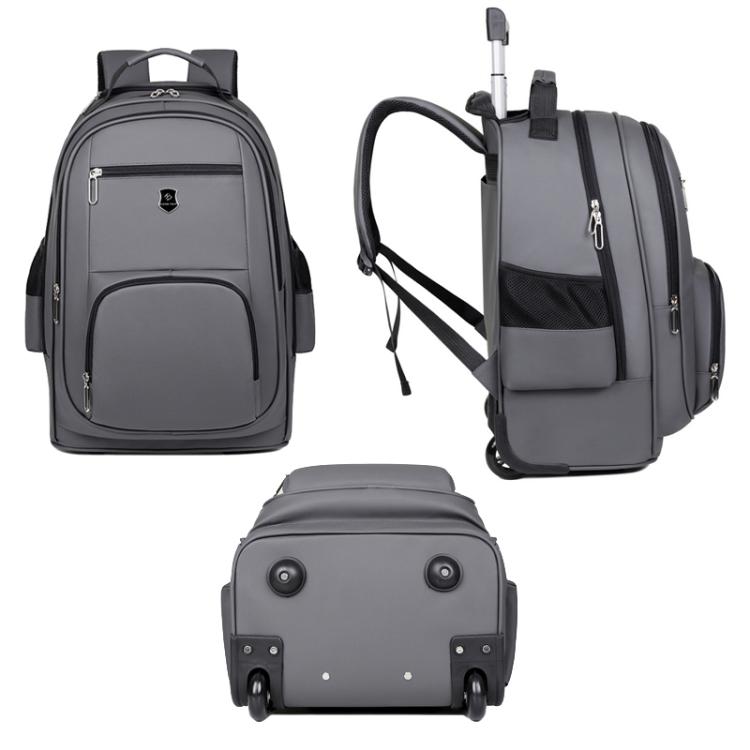 Wheeled backpack set showing front, side, and bottom with pull handle