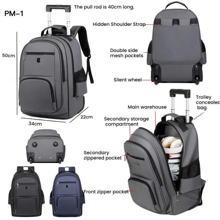 Large wheeled backpack with trolley handle, mesh side pockets, and zip compartments
