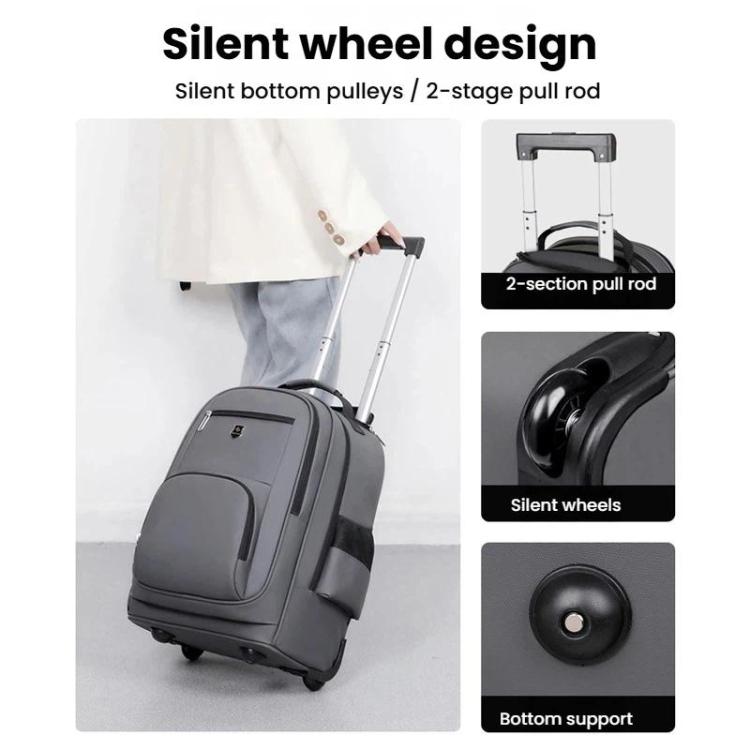 Wheeled backpack with silent wheel design, two-stage pull rod, and support base
