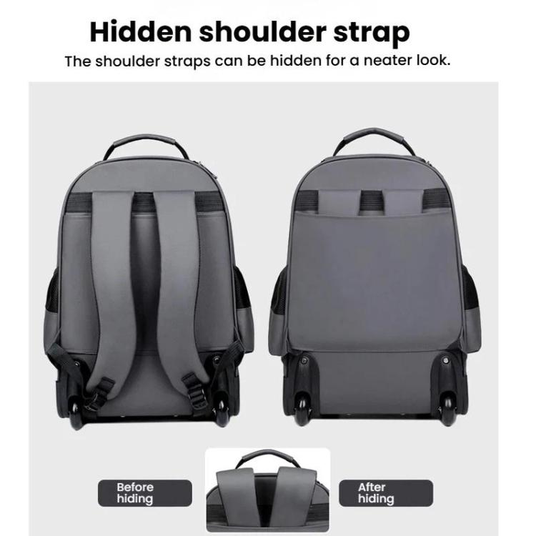 Backpack with hidden shoulder straps revealed and concealed behind panels