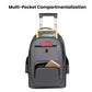 Black wheeled backpack with multiple front compartments and zip pockets