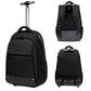 Black wheeled backpack trolley shown with telescopic handle and front compartments