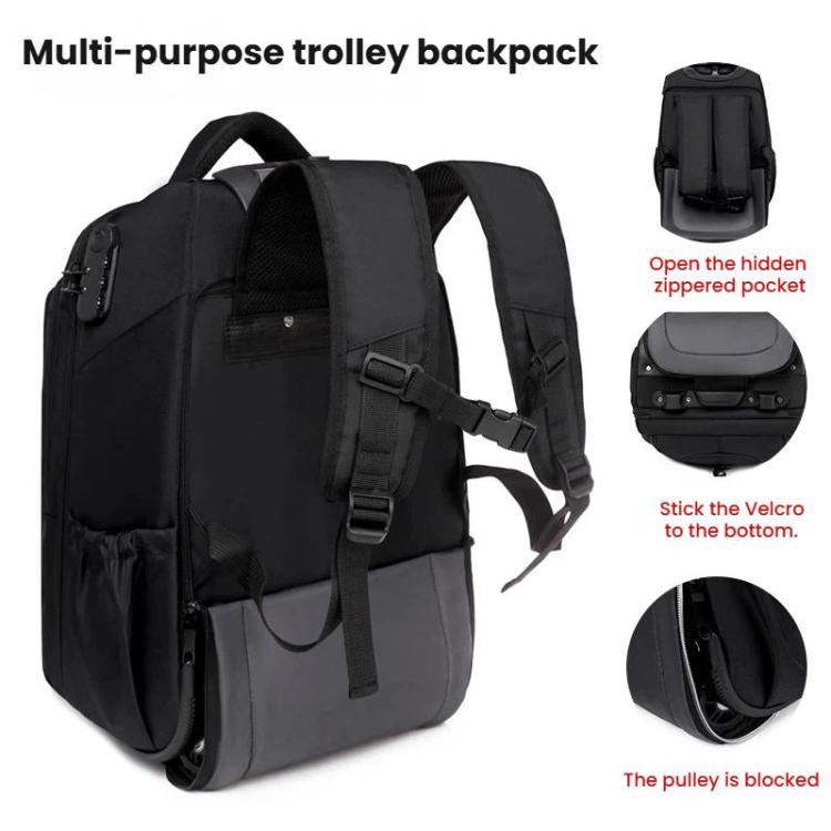 Black wheeled trolley backpack with front shoulder straps and hidden zip pocket