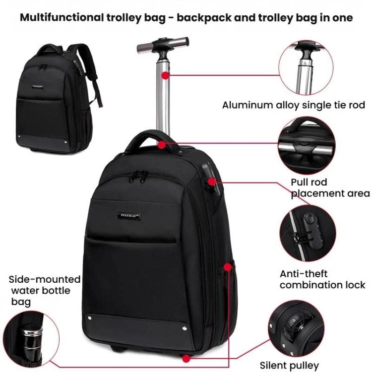 Black multifunction wheeled backpack with telescopic handle and side water bottle pocket