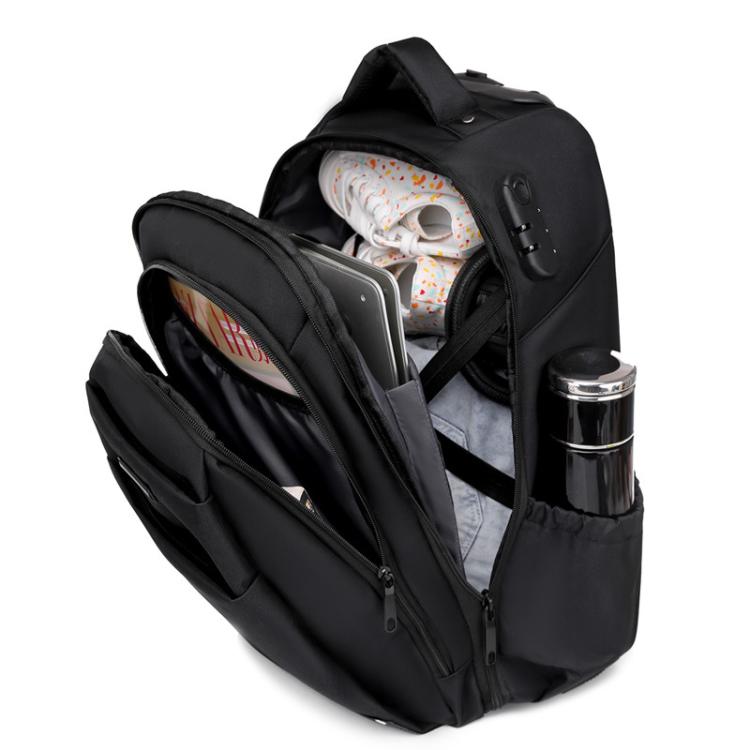 Black wheeled backpack trolley open view with interior storage and side bottle holder