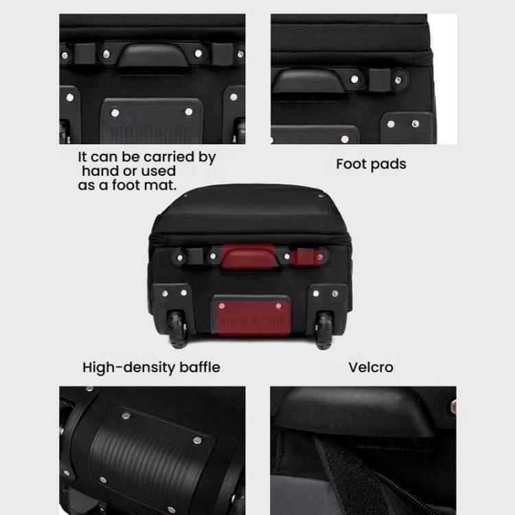 Black wheeled backpack trolley bottom panel with stabilizer wheels and high-density baffle
