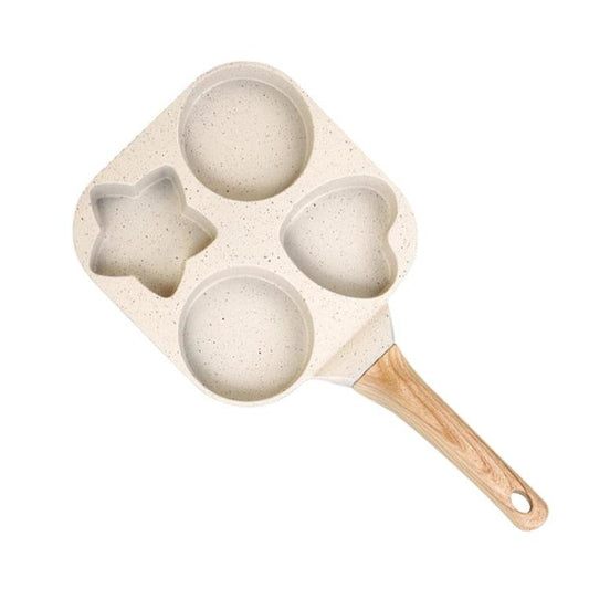 Beige four-hole nonstick frying pan with wooden handle and four egg/burger cups