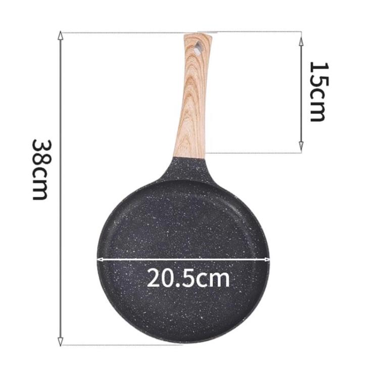 Black non-stick frying pan with wooden handle, 20.5 cm diameter.