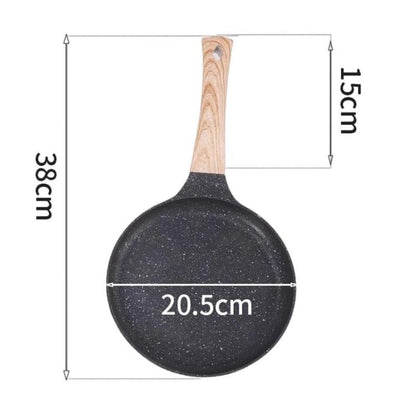 Black non-stick frying pan with wooden handle, 20.5 cm diameter.