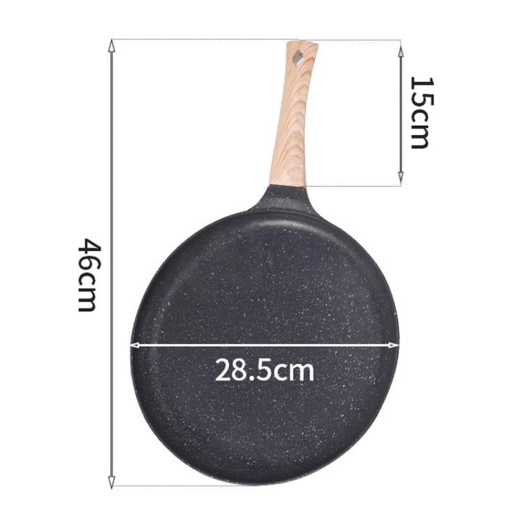 Black non-stick frying pan with wooden handle, 28.5 cm diameter.