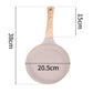 Beige non-stick frying pan with wooden handle, 20.5 cm diameter.