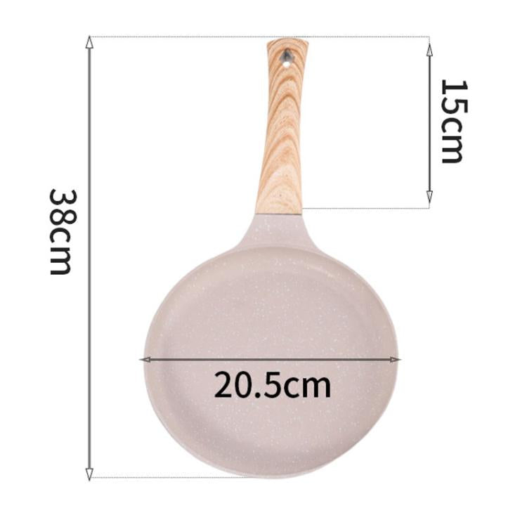 Beige non-stick frying pan with wooden handle, 20.5 cm diameter.