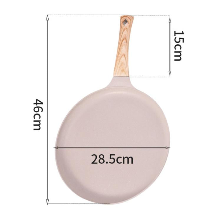 Beige non-stick frying pan with wooden handle, 28.5 cm diameter.