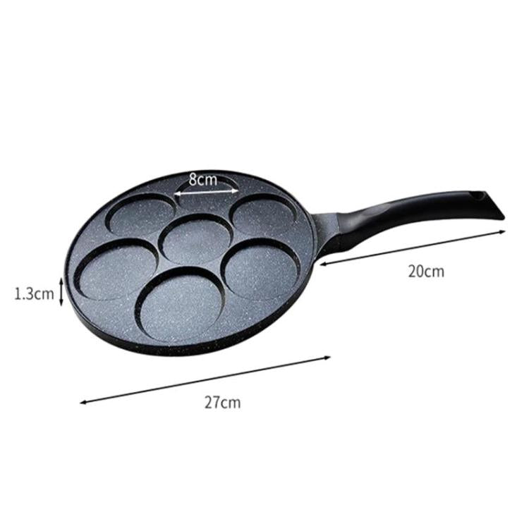 Round nonstick egg burger pan with 7 shallow cups, smooth wells, long black handle.