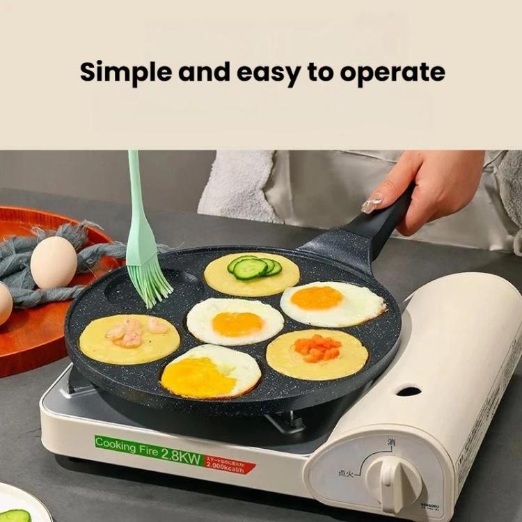 7-cup nonstick egg burger pan with multiple fried eggs cooking on a portable griddle.