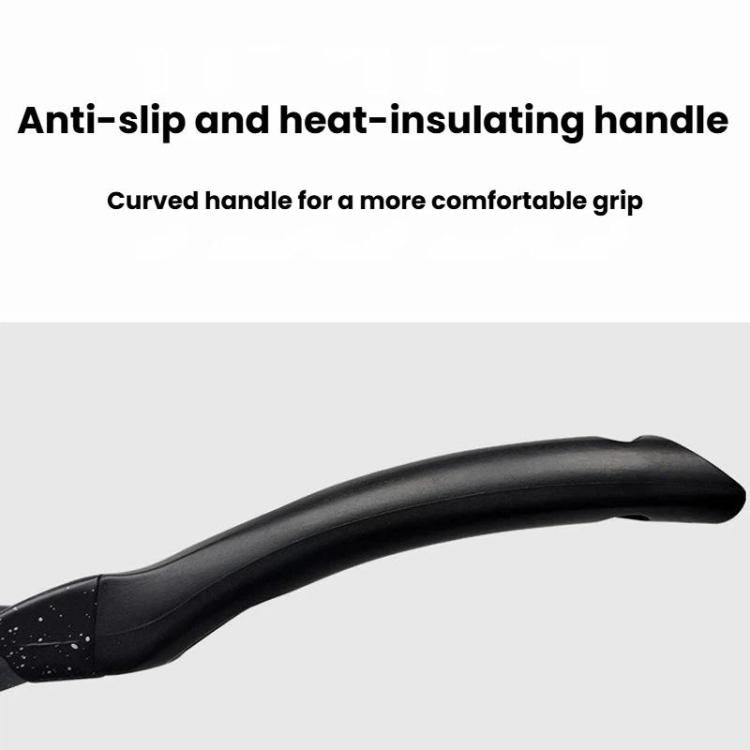 Curved black handle with anti-slip grip on a nonstick egg burger pan.