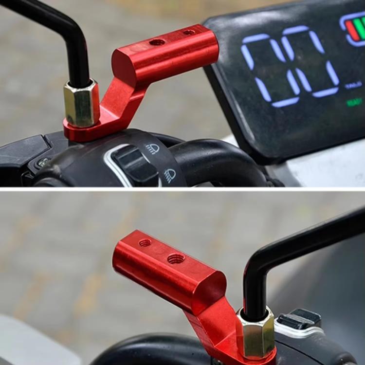 Aluminum motorcycle mirror extension arm adapter, red, mounted on handlebar