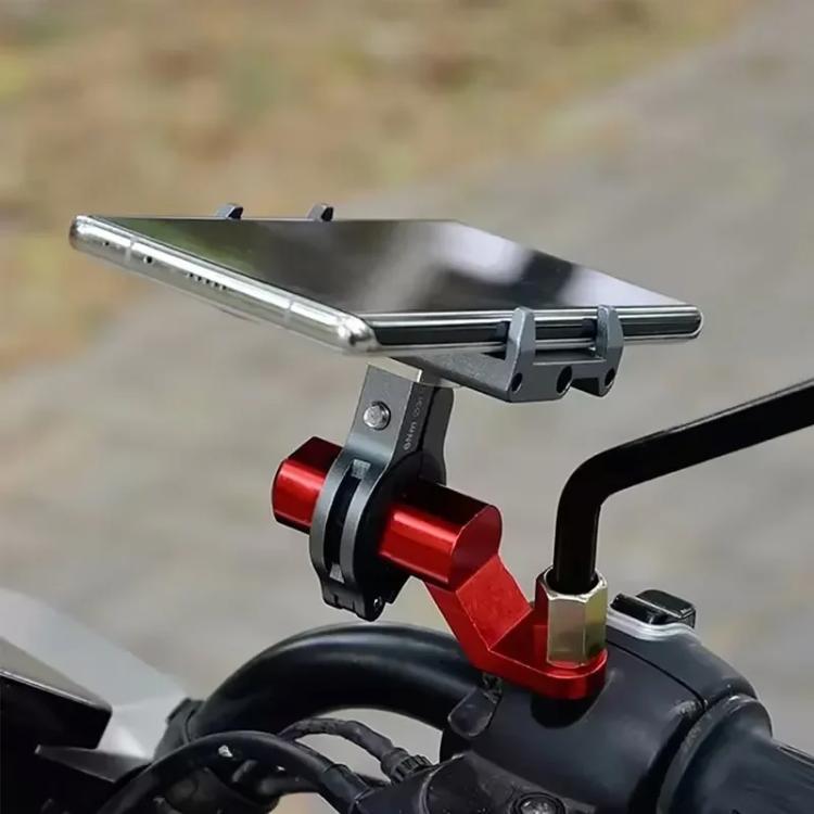 Aluminum motorcycle mirror extension arm adapter, red, installed on motorcycle
