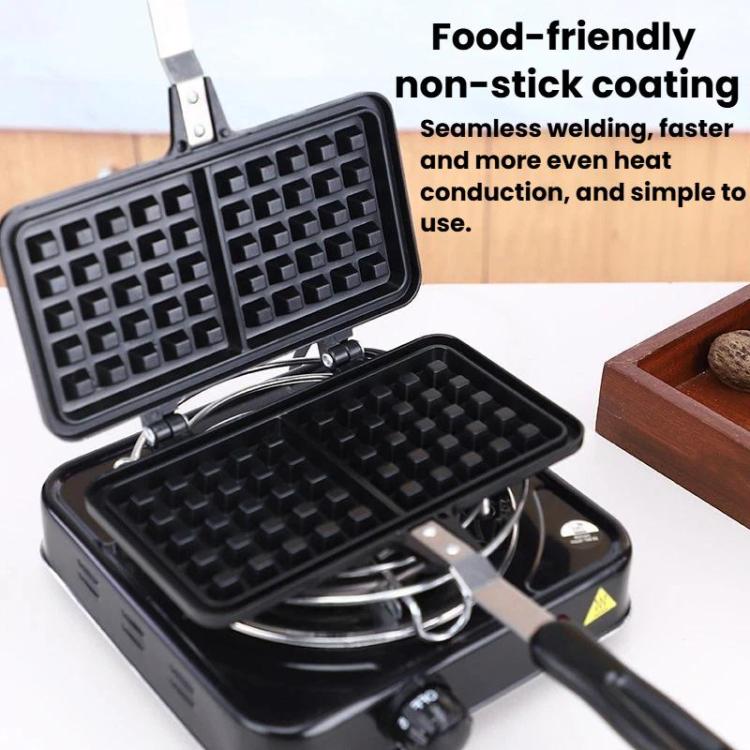 Double non-stick waffle plates open, showing a raised waffle grid pattern
