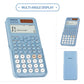 Blue scientific calculator shown front and side view, with large display and keypad