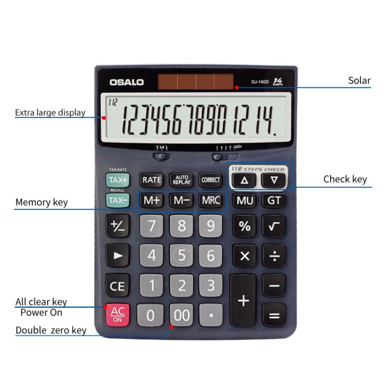 OSALO calculator with extra-large display and function keys, dark body and keypad