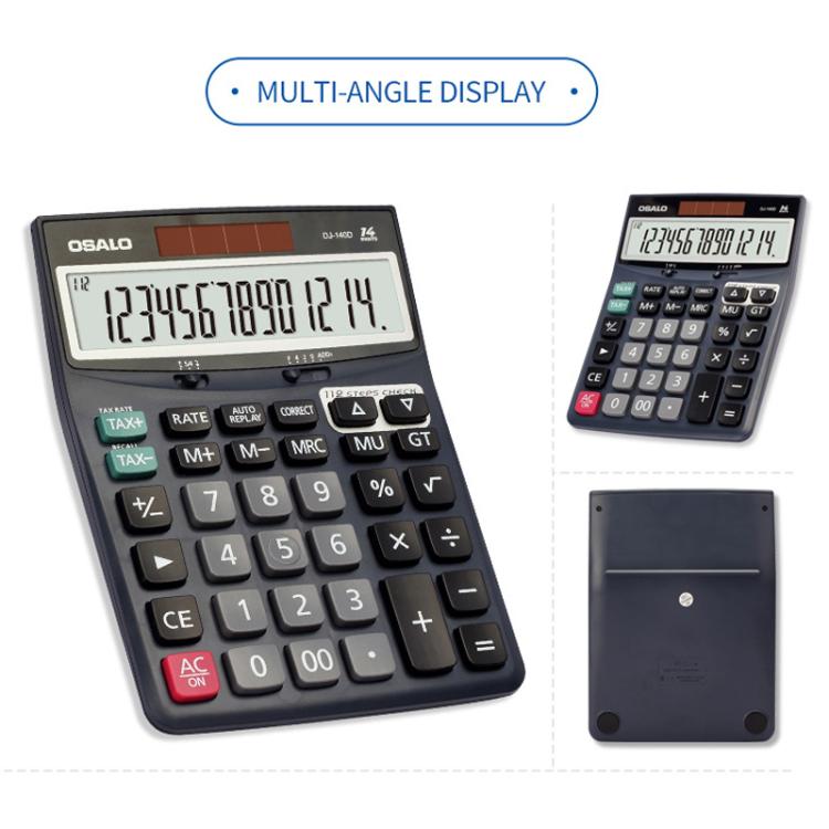 OSALO calculator front and back view, dark solar powered 14-digit LCD