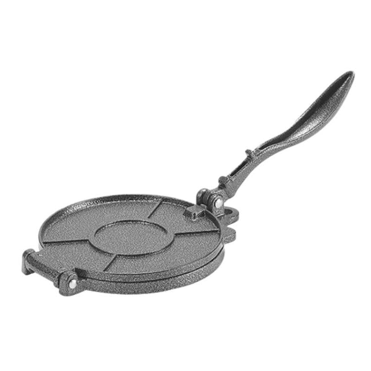 Black round manual dumpling wrapper press with lever handle and hinge pins