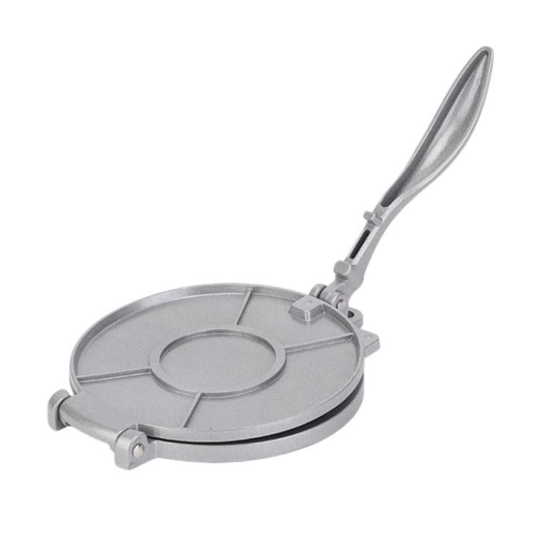 Silver round manual dumpling wrapper press with lever handle and circular imprint