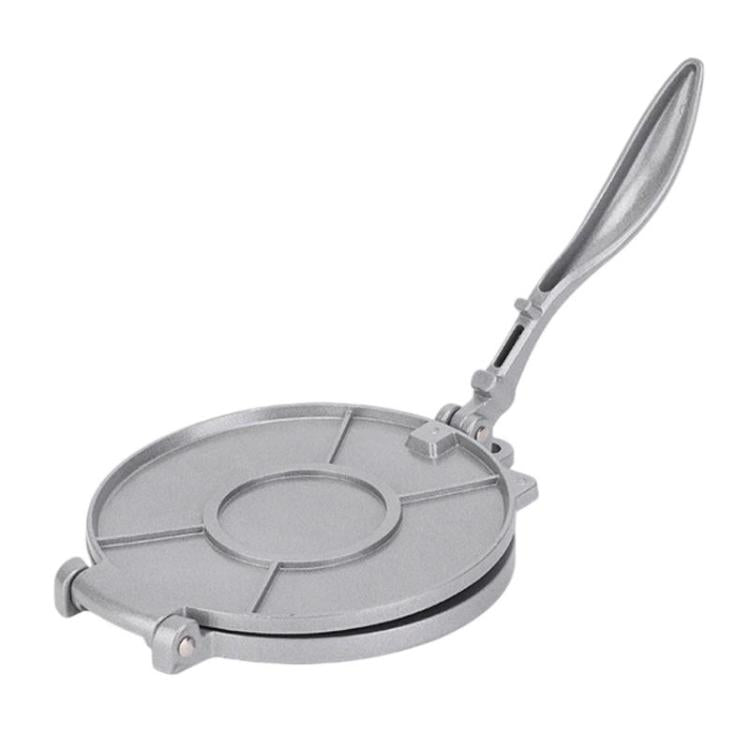 Silver round dough press mold with lever handle and ribbed divider channels