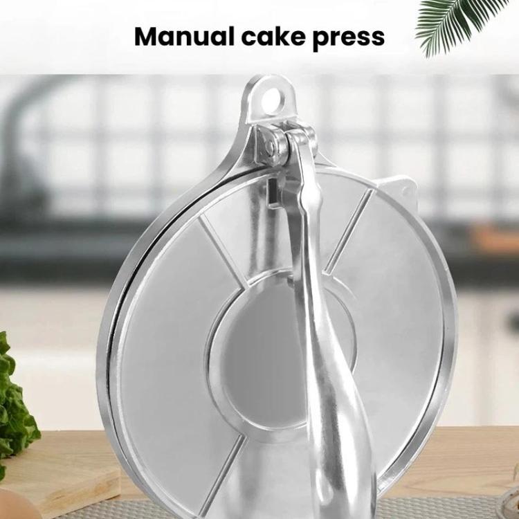 Round aluminum dough press mold with long lever handle and hinge latch