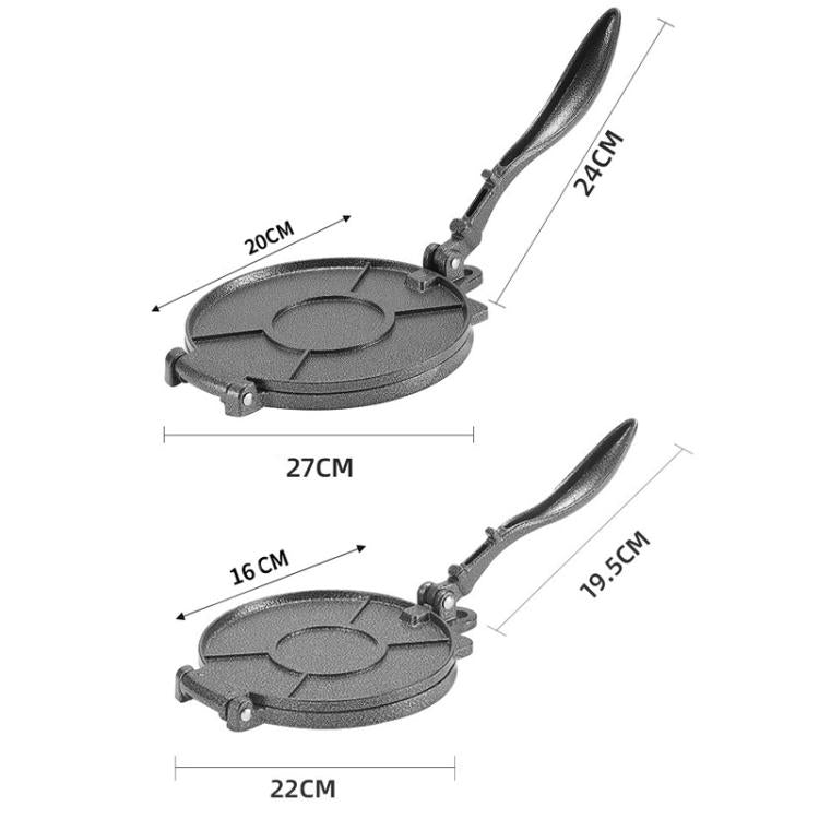 Two round dumpling wrapper presses with handles, shown with size measurements