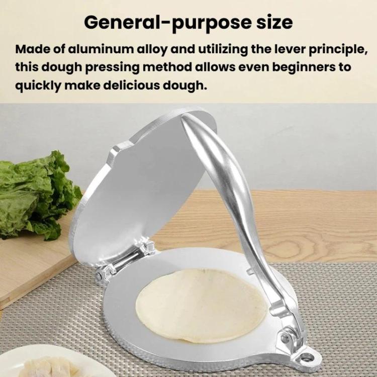 Silver manual dough wrapper press with lever, holding a round dough disc