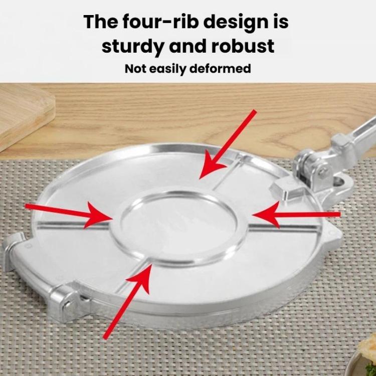 Silver dough press mold top view with circular die plate and four-rib design